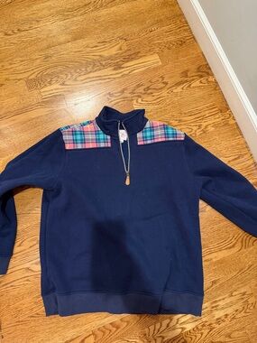Women Navy Quarter-Zip Sweater with Pink Plaid Yoke